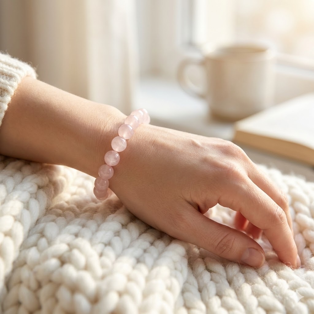 Natural Rose Quartz Bracelet, detail view